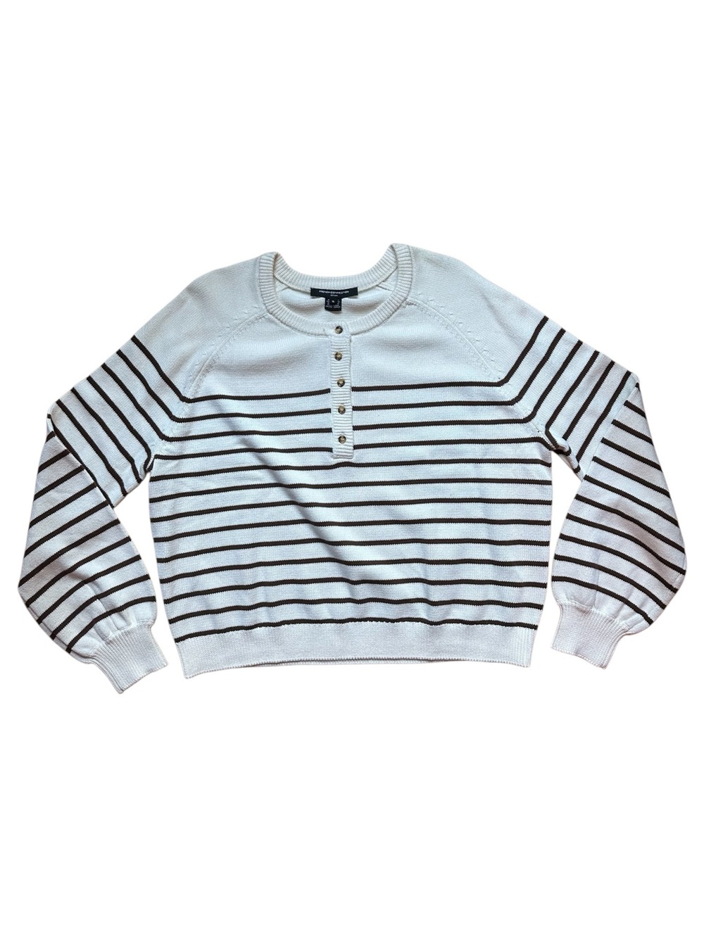 French Connection Cream White Cotton Henley Crewneck Sweater with Brown Stripes